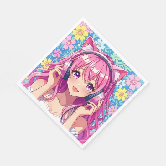 Pretty Pink Anime Girl's Birthday Party Serviette (Ecke)
