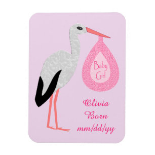 Pretty Pink Baby Girl Stork Birth Announcement Magnet