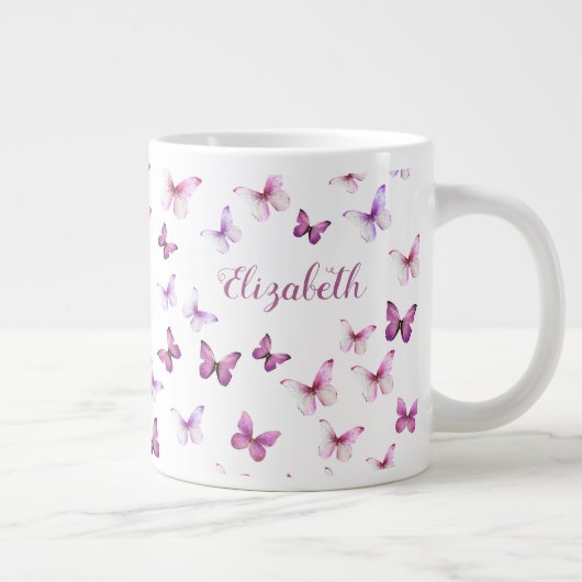 Pretty Pink Butterflies Custom Name Jumbo-Tasse (Rechts)