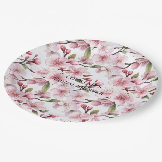 Pretty Pink Cherry Blossom Flowers Bridal Shower Pappteller (Schrägansicht)