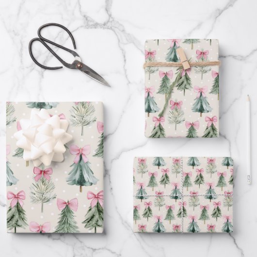 Pretty Pink Coquette Bow Christmas Tree Pattern Geschenkpapier Set (Vorderseite)