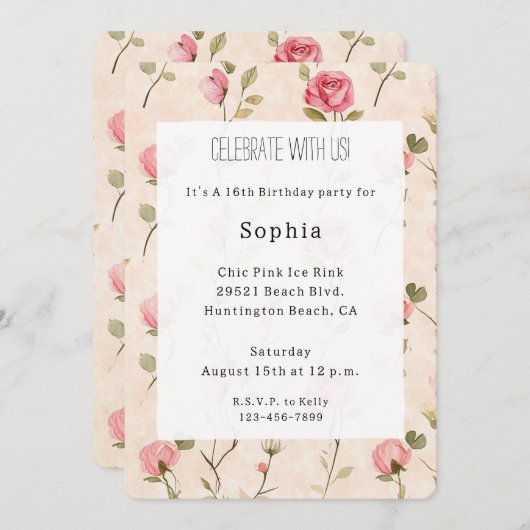 Pretty Pink Cream Roses Floral Birthday Einladung (Vorne/Hinten)