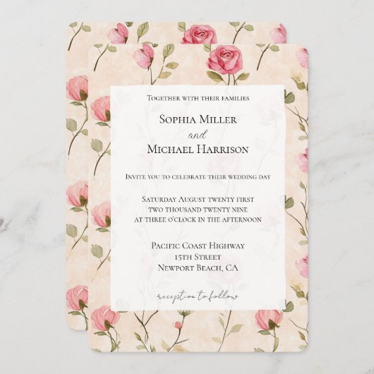 Pretty Pink Cream Roses Floral Wedding Einladung (Vorne/Hinten)