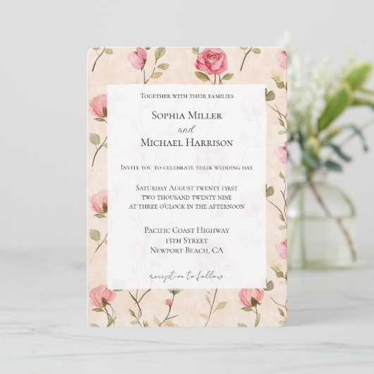 Pretty Pink Cream Roses Floral Wedding Einladung (Stehend Vorderseite)