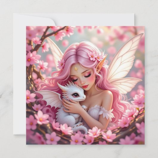 Pretty Pink Elven Fairy & Dragon Blank Karte (Vorderseite)