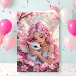 Pretty Pink Elven Fairy & Dragon | Happy Birthday Karte