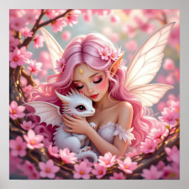 Pretty Pink Elven Fairy & Dragon Poster