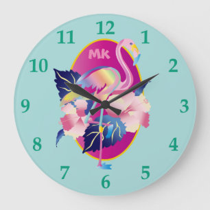 Pretty Pink Flamingo Tropical Hibiscus Flowers Große Wanduhr