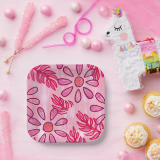 Pretty Pink Floral and Leaves Paper Plates Pappteller