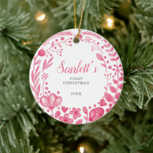 Pretty Pink Floral Custom Baby's First Christmas Keramik Ornament