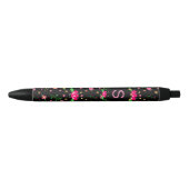 Pretty Pink Floral on Black Monogram Kugelschreiber (Vorderseite)