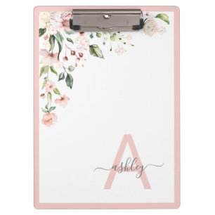 Pretty Pink Floral Script Monogram Initial Name Klemmbrett