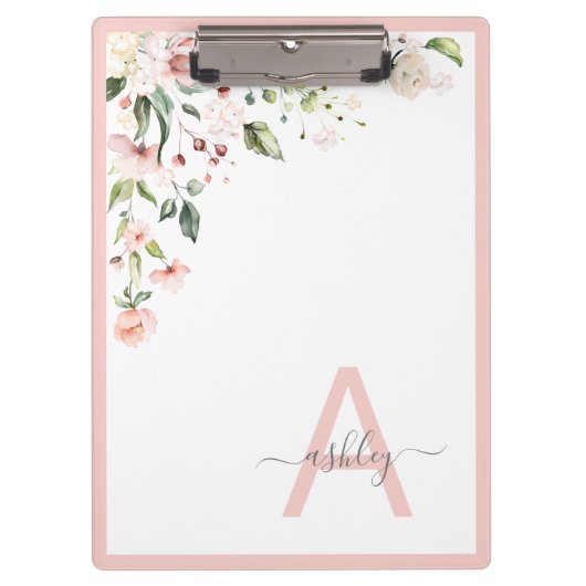 Pretty Pink Floral Script Monogram Initial Name Klemmbrett (Vorderseite)