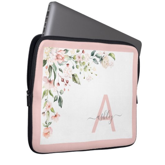 Pretty Pink Floral Script Monogram Initial Name Laptopschutzhülle (Vorne Rechts)