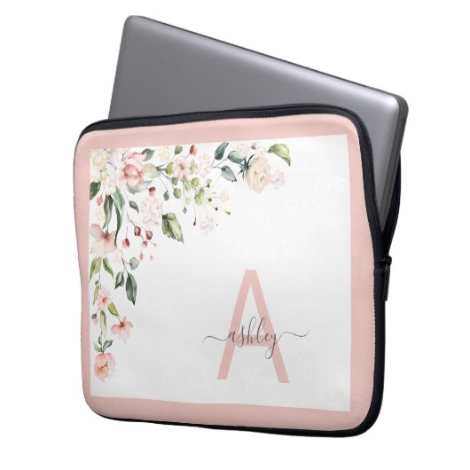 Pretty Pink Floral Script Monogram Initial Name Laptopschutzhülle (Vorderseite Links)