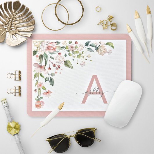 Pretty Pink Floral Script Monogram Initial Name Mousepad