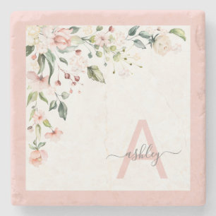 Pretty Pink Floral Script Monogram Initial Name Steinuntersetzer