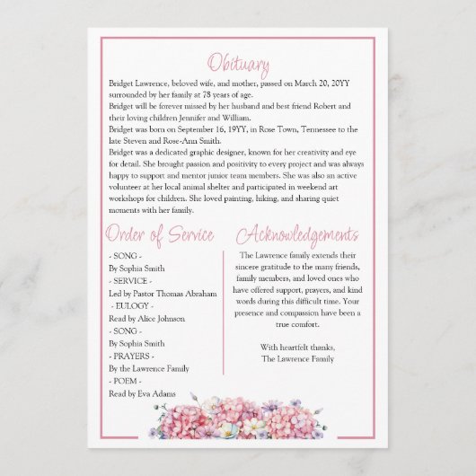 Pretty Pink Hydrangea Celebrating Life - Funeral Programm (Rückseite)