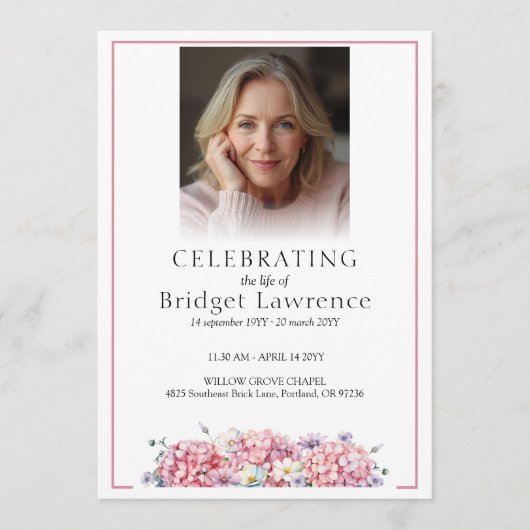 Pretty Pink Hydrangea Celebrating Life - Funeral Programm (Vorderseite)