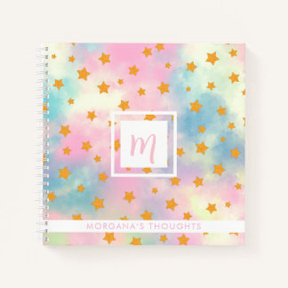 Pretty Pink Pastel with Gold Stars Monogram Square Notizblock