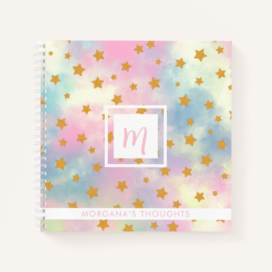 Pretty Pink Pastel with Gold Stars Monogram Square Notizblock (Vorderseite)