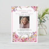 Pretty Pink Peonies Colorful Photo Funeral Einladung (Stehend Vorderseite)