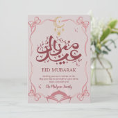 Pretty Pink Ribbon and Crescent Eid Mubarak Card Feiertagskarte (Stehend Vorderseite)