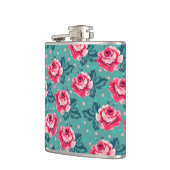 Pretty Pink Roses and Polka Dot Pattern on Teal Flachmann (Links)