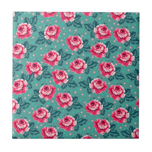 Pretty Pink Roses and Polka Dot Pattern on Teal Fliese (Vorderseite)