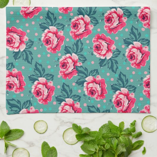 Pretty Pink Roses and Polka Dot Pattern on Teal Geschirrtuch (Gefaltet)