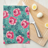 Pretty Pink Roses and Polka Dot Pattern on Teal Geschirrtuch (Viertel Falte)