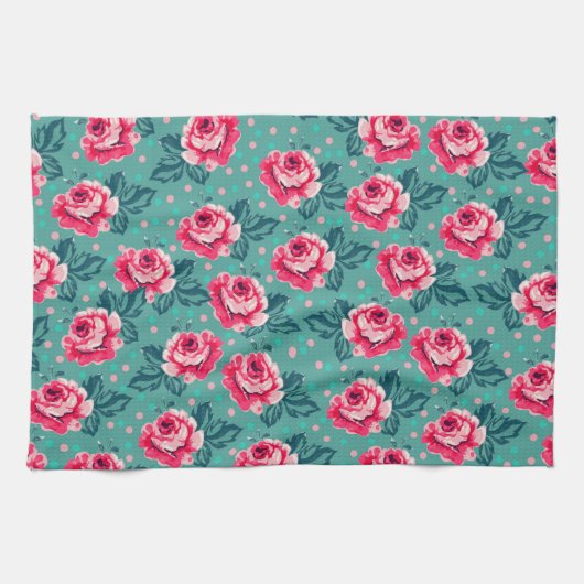 Pretty Pink Roses and Polka Dot Pattern on Teal Geschirrtuch (Horizontal)