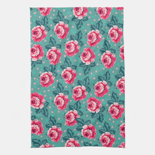 Pretty Pink Roses and Polka Dot Pattern on Teal Geschirrtuch (Vertikal)