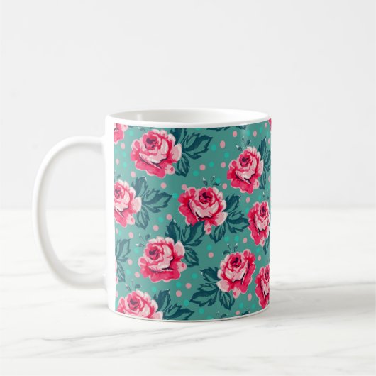 Pretty Pink Roses and Polka Dot Pattern on Teal Kaffeetasse (Links)