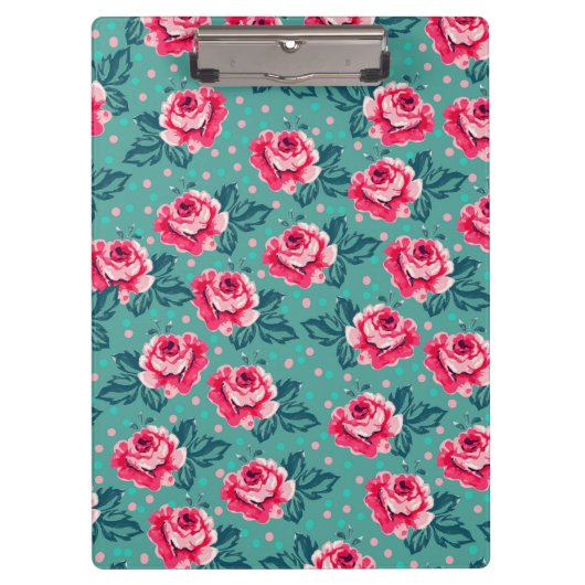 Pretty Pink Roses and Polka Dot Pattern on Teal Klemmbrett (Vorderseite)