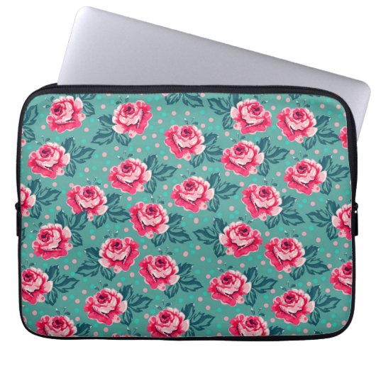 Pretty Pink Roses and Polka Dot Pattern on Teal Laptopschutzhülle (Vorderseite)