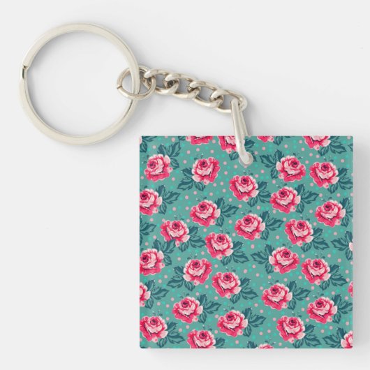 Pretty Pink Roses and Polka Dot Pattern on Teal Schlüsselanhänger (Vorderseite)