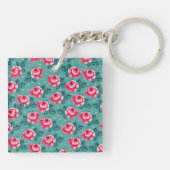 Pretty Pink Roses and Polka Dot Pattern on Teal Schlüsselanhänger (Rückseite)