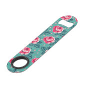 Pretty Pink Roses and Polka Dot Pattern on Teal Speed Flaschenöffner (Rückseite Schrägansicht)
