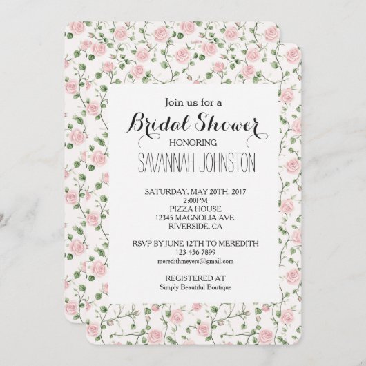 Pretty Pink Roses Floral Bridal Shower Einladung (Vorne/Hinten)