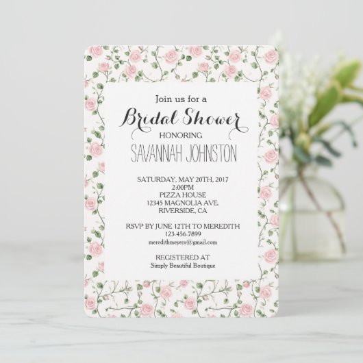 Pretty Pink Roses Floral Bridal Shower Einladung (Stehend Vorderseite)