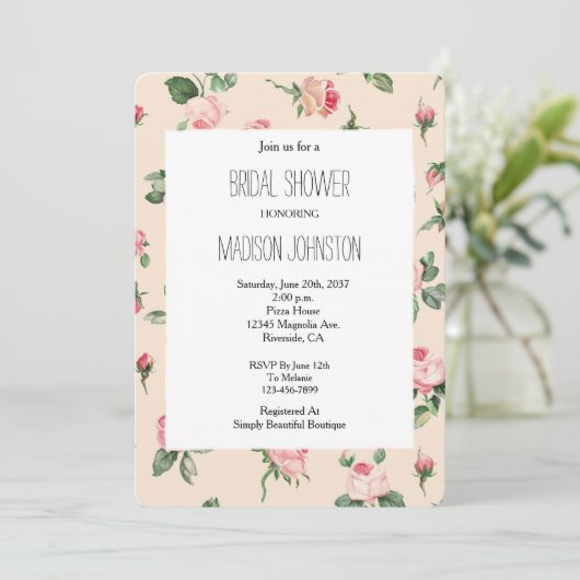 Pretty Pink Roses Floral Bridal Shower Einladung (Stehend Vorderseite)