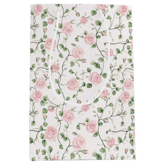 Pretty Pink Roses Floral Wedding Mittlere Geschenktüte (Vorderseite)