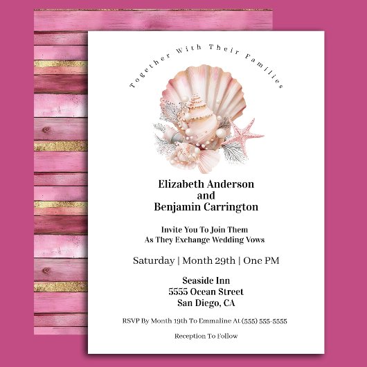 Pretty Pink Seashell and Pearls Wedding Einladung
