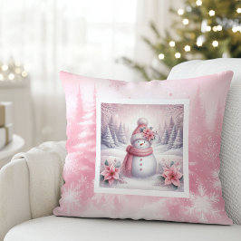Pretty Pink Snow Scene Pillow Sweet Snowman Kissen
