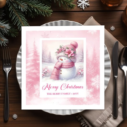 Pretty Pink Snowman Christmas Scene Napkins Kids  Serviette