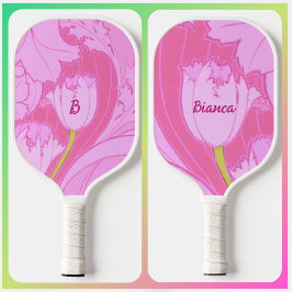 Pretty Pink Tulip Floral with Name and Initials Pickleball Schläger