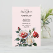 Pretty pink white red roses bridal shower einladung (Stehend Vorderseite)