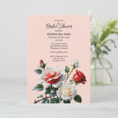 Pretty pink white red roses bridal shower einladung (Stehend Vorderseite)
