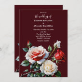 Pretty pink white red roses dark floral wedding einladung (Vorne/Hinten)